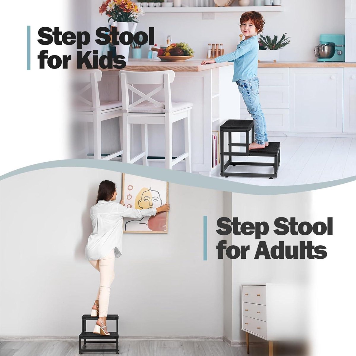 2-Step Stool Heavy Duty Steel and Wooden Stool - Load Capacity up to 220 kg - for Adults and Children - Black - Bed Kitchen Bathroom