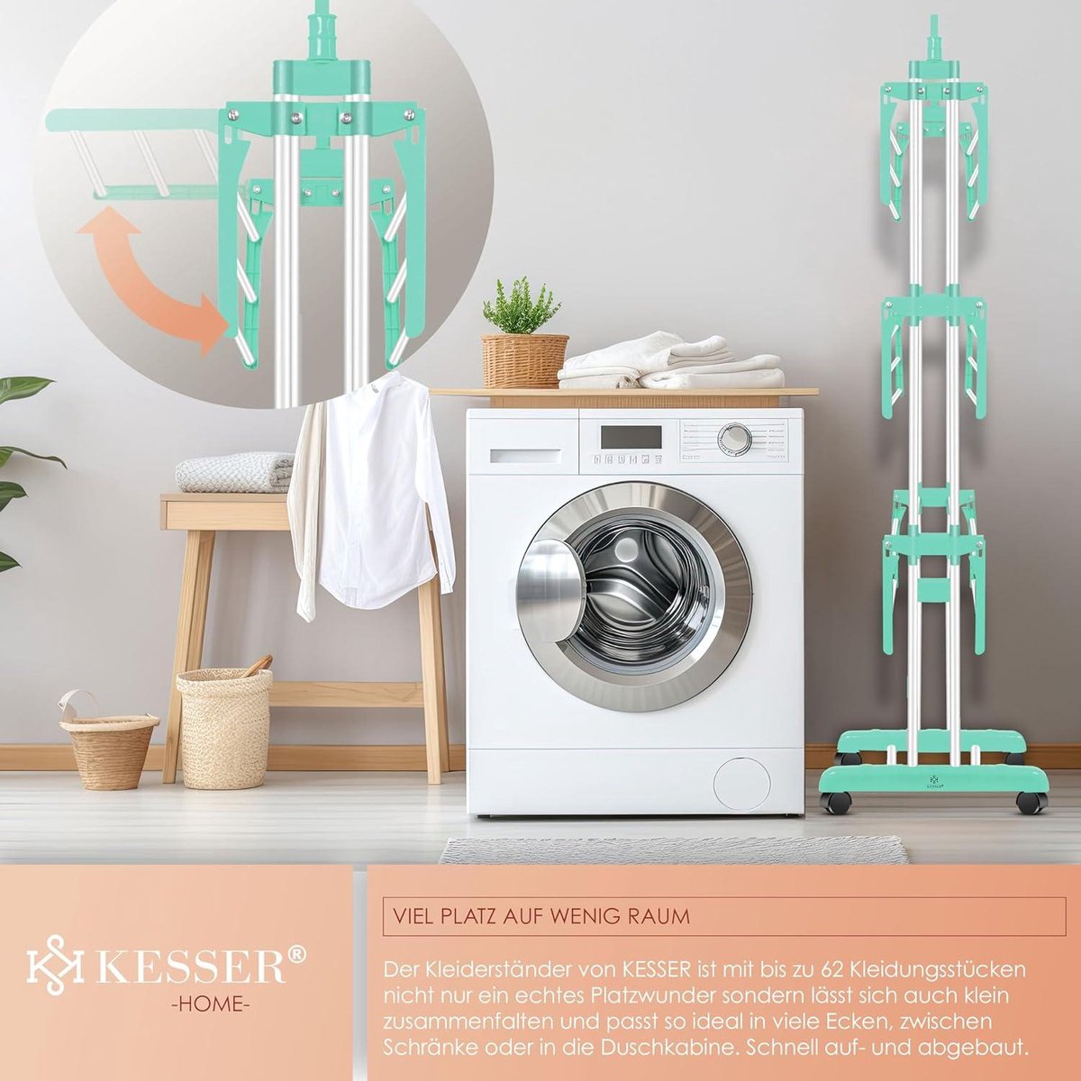 Clothes drying tower with wheels - Space-saving clothes dryer for indoor & outdoor use - 4 levels - 2 swivel side wings - 6 foldable levels - Standing dryer - Foldable clothes rack