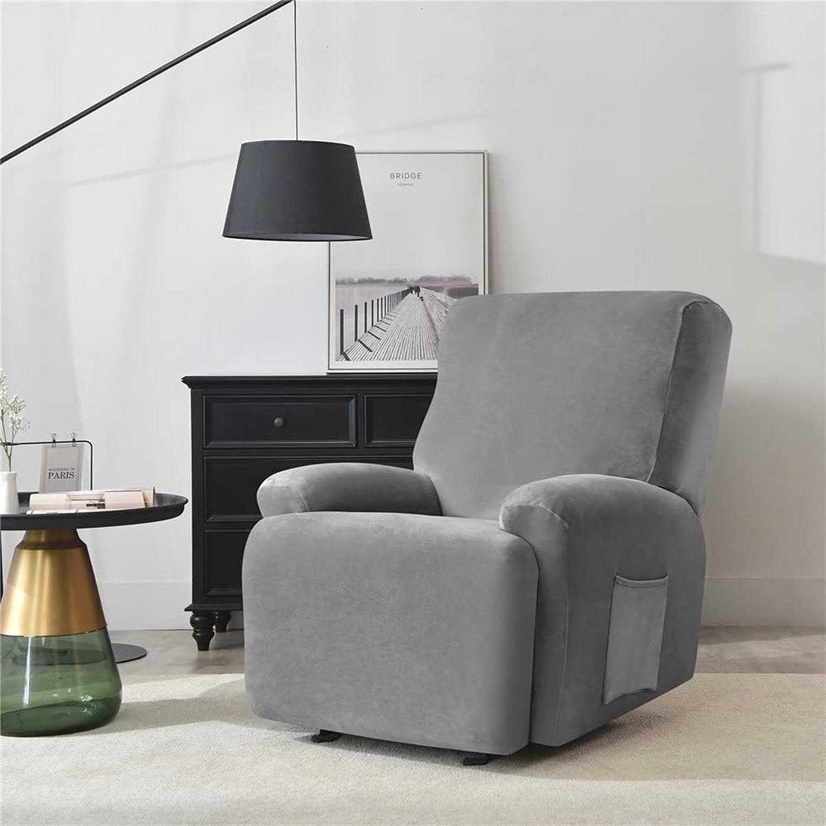 Relaxstoelhoes, zacht, fluweel, rekbaar, 4-delig, antislip, met zijvak, meubelbescherming, wasbaar, voor 1-zits, kantelbare stoel (donkergrijs)