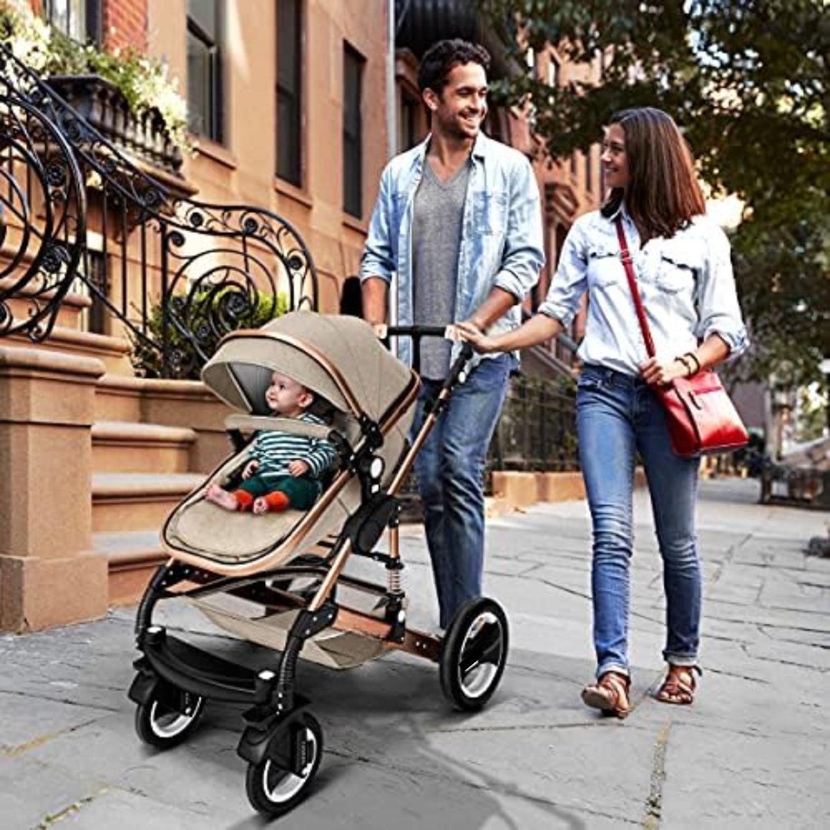 3-in-1 kinderwagen - 3-in-1 babywagen - Wandelwagen - 3-in-1 kinderwagen incl. autostoel - Beige/Kopergoud