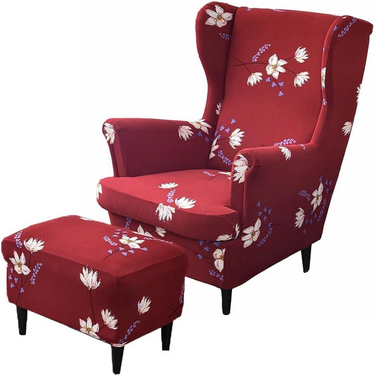 Wingback Chair Covers 2-piece with Ottoman Cover - Stretch Washable Slipcover - Spandex Furniture Protector for Armchair Chairs - Bedroom Hotel (Red Flower)