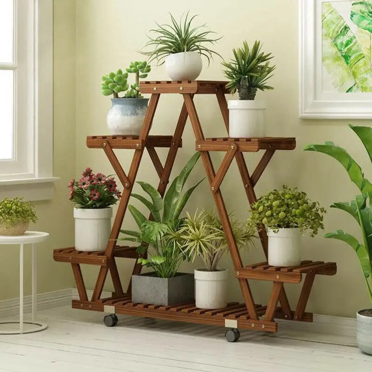 Plantenrek op wielen - Wandrek - Planten - Driehoek vorm - Ladderkast - 6 Planken - 6 Laags - Hout - Binnen/buiten
