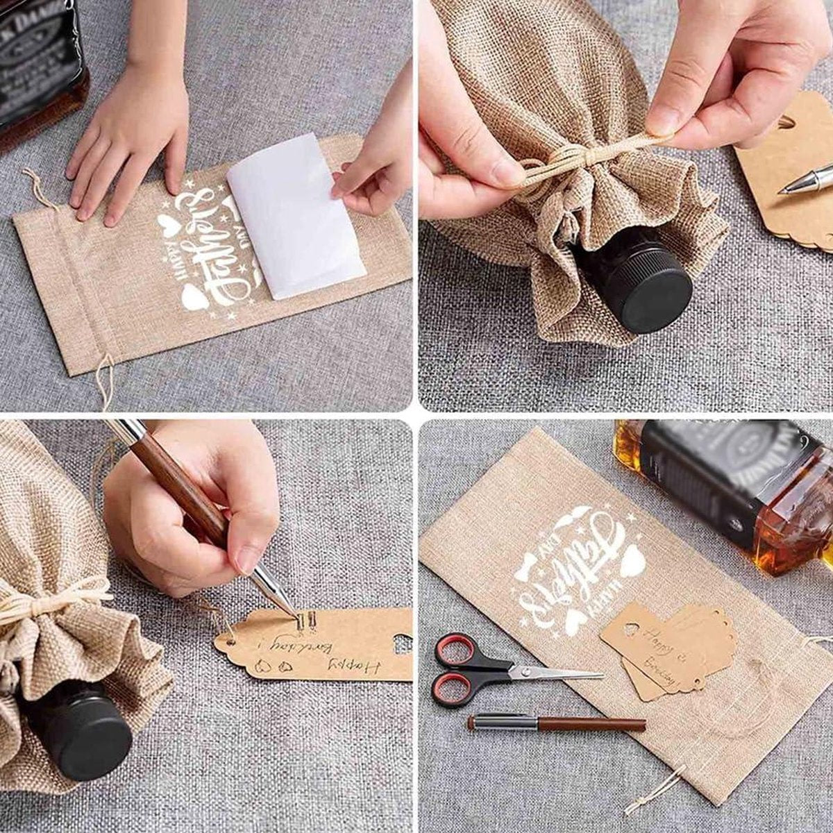 Jute geschenkzakje voor wijnfles - set van 12 - feesten blindproeverijen - cadeauhangers met trekkoord