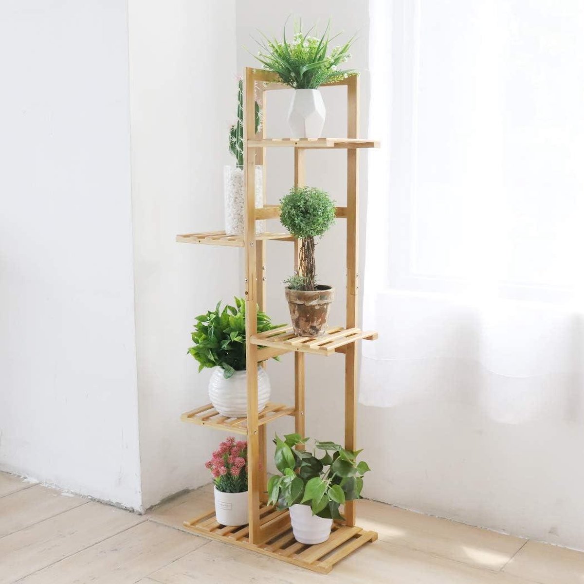 Bamboo Plant Ladder 6 Pot Plants Pot Holder Stand High 5 Tiers - Indoor Outdoor Storage Display Rack - Waterproof Flower Stand with Stand for Bonsai Patio Garden Plant Ladder