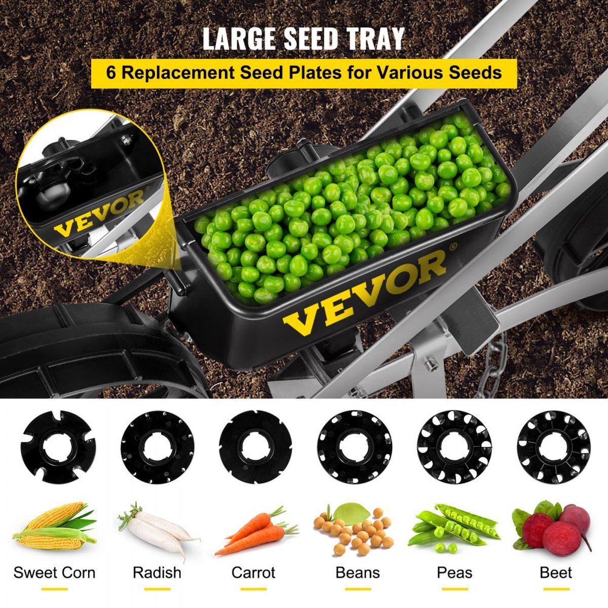 Garden Push Seeder 78-84cm High Garden Push Seeder Aluminum and ABS Row Crop Planter with Six Interchangeable Seed Plates and Row Marker for Sowing Various Crops and Vegetables