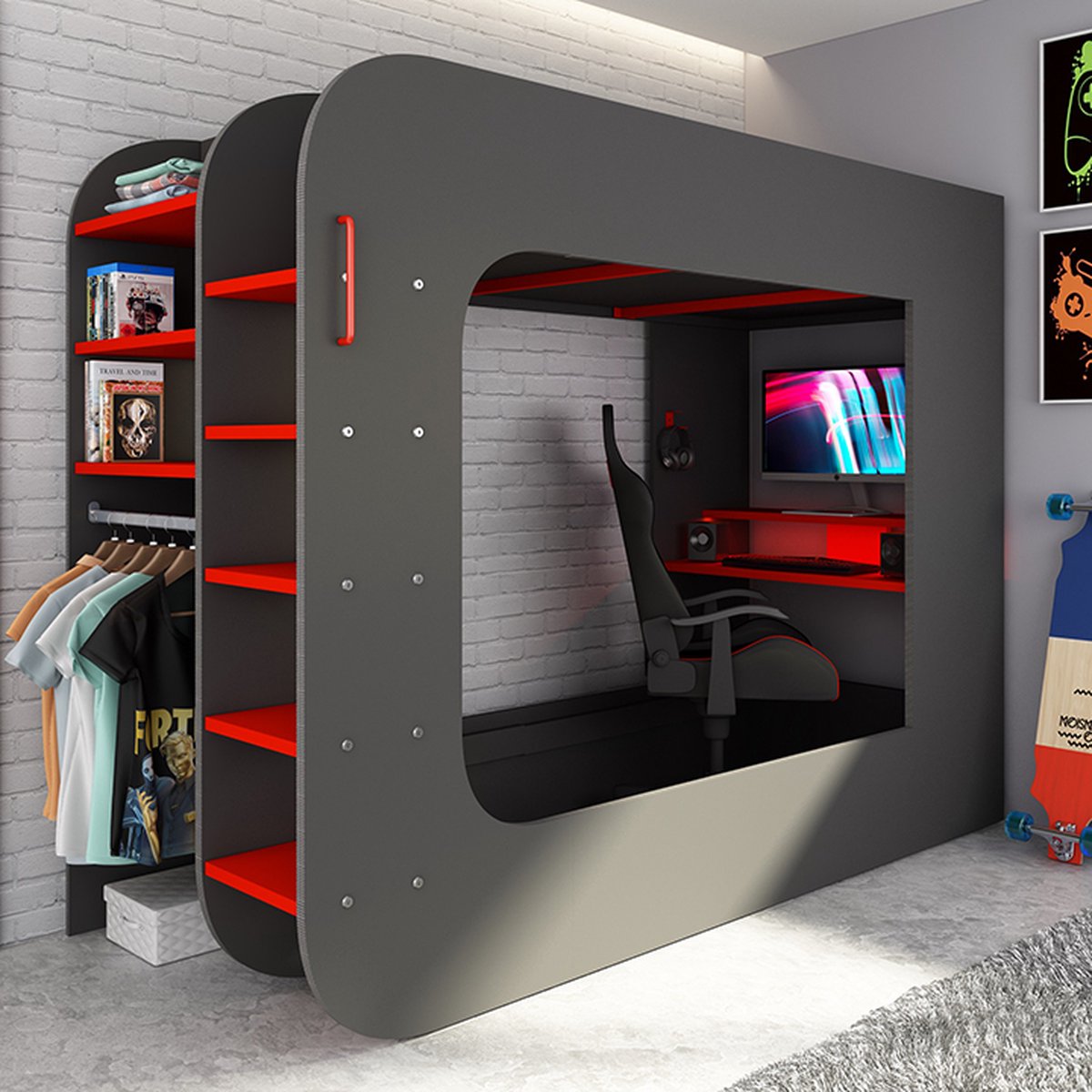 Hoogslaper 90 x 200 cm - Met gamingbureau en opbergruimte - LED's - Antraciet & rood - WARRIOR B 238.1 cm x H 183.6 cm x D 97.6 cm