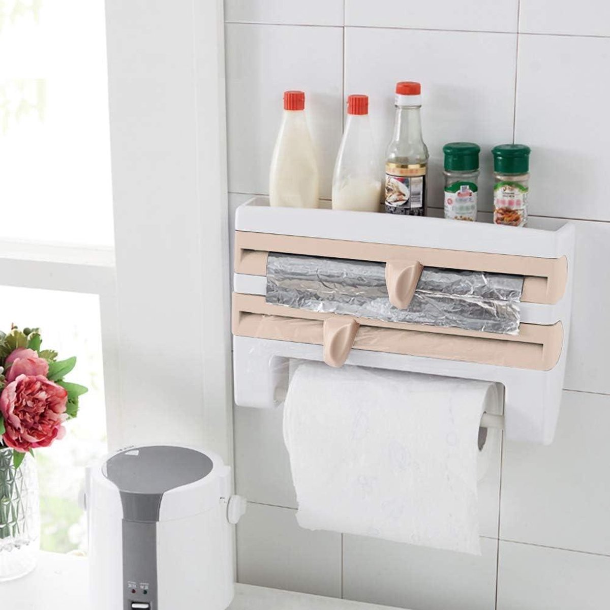 Foliehouder Wandrol met plank - Keukenrolhouder en foliesnijder - Papierrolhouder voor keukenrol - Aluminiumfolie Vershoudfolie Papieren handdoekhouder - Houder Keukengereedschap (kaki)