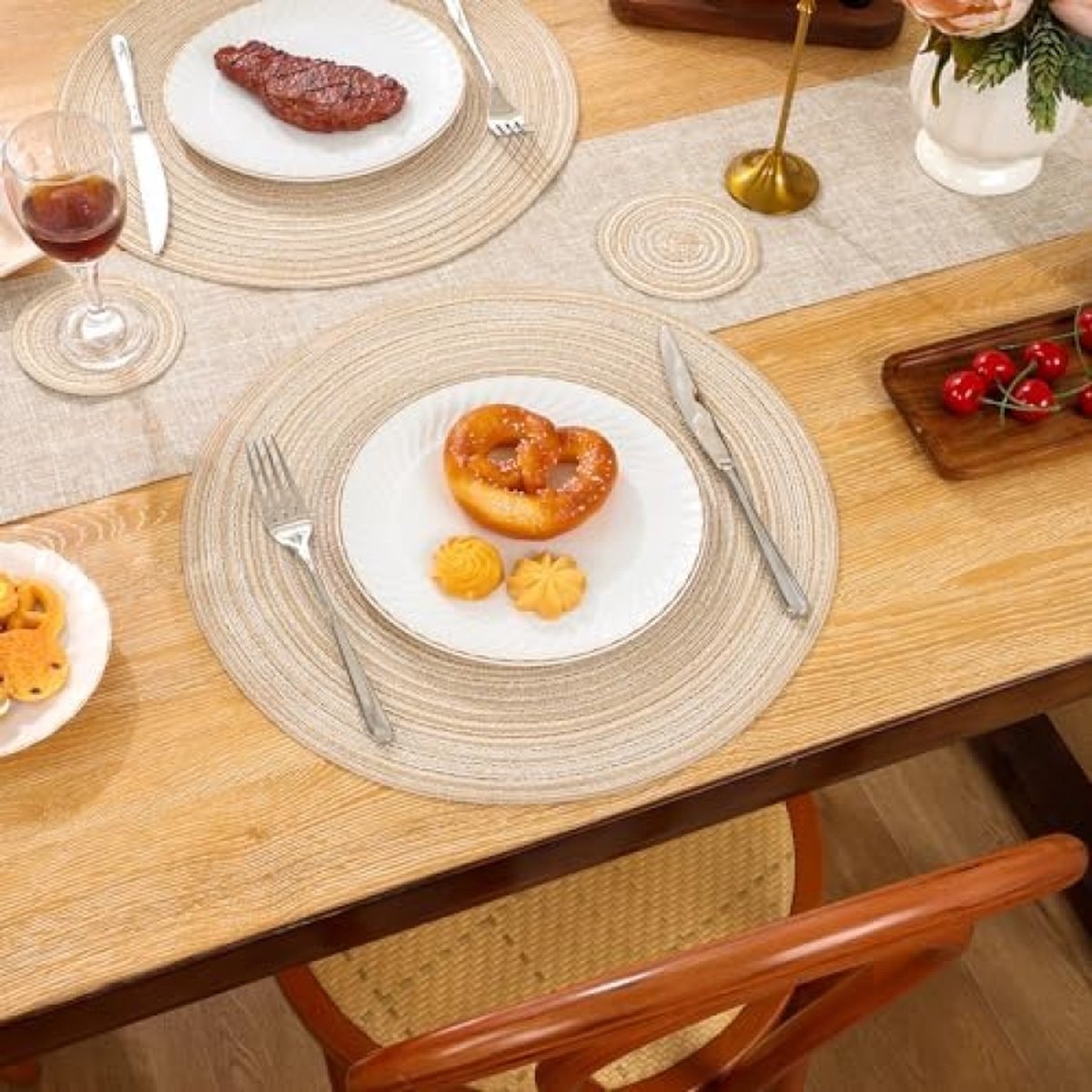 Ronde placemats en onderzetters, set van 6, ronde gevlochten geweven placemats, wasbare tafelmatten en onderzetters, hittebestendige tafelmatten voor keuken, eettafel, thuisrestaurant