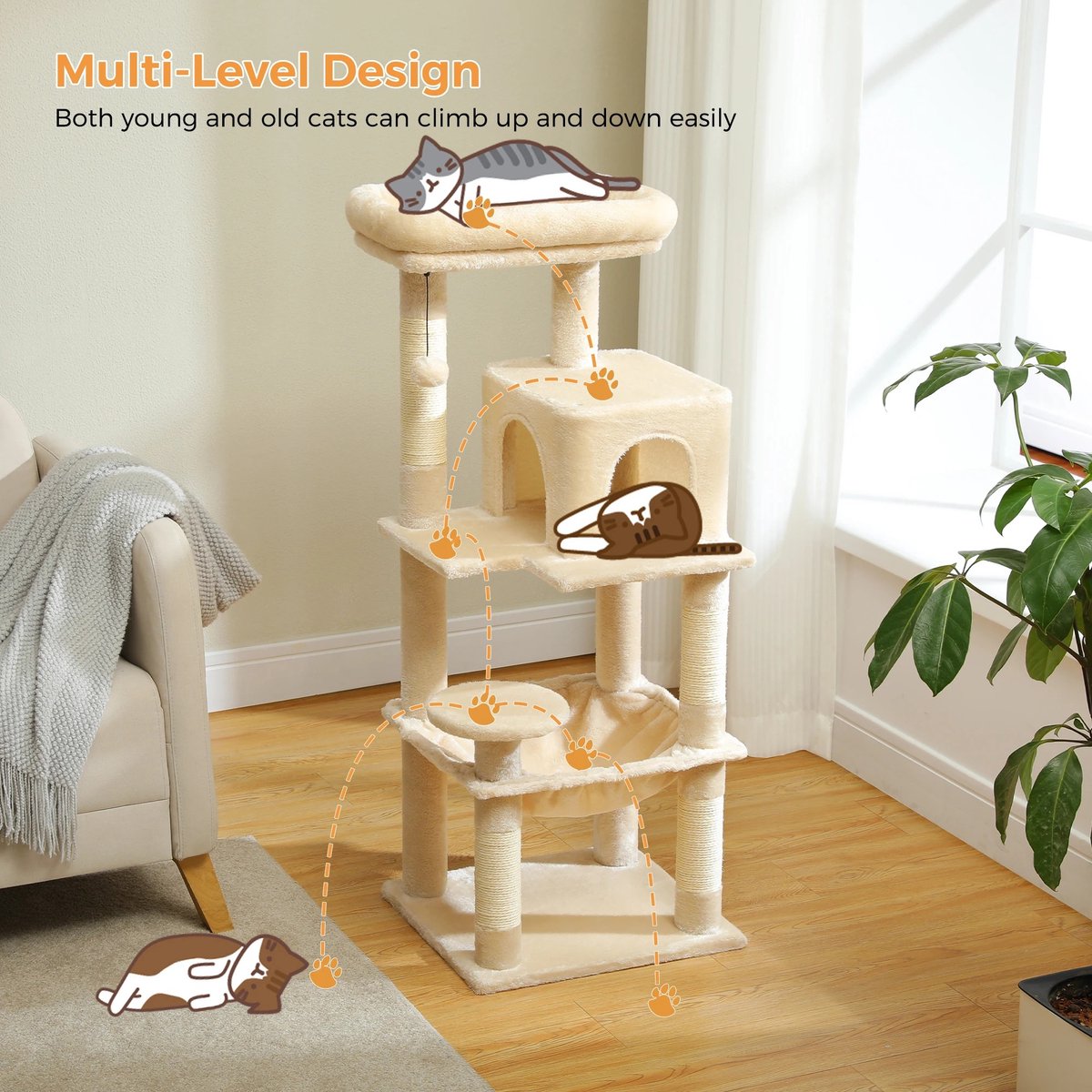 Luxe Krabpaal 116 cm hoog - middelgrote katten klimboom - Met 4 ligvlakken en holten - Met Hangmat - Comfortabel - zacht en stabiel - Crème