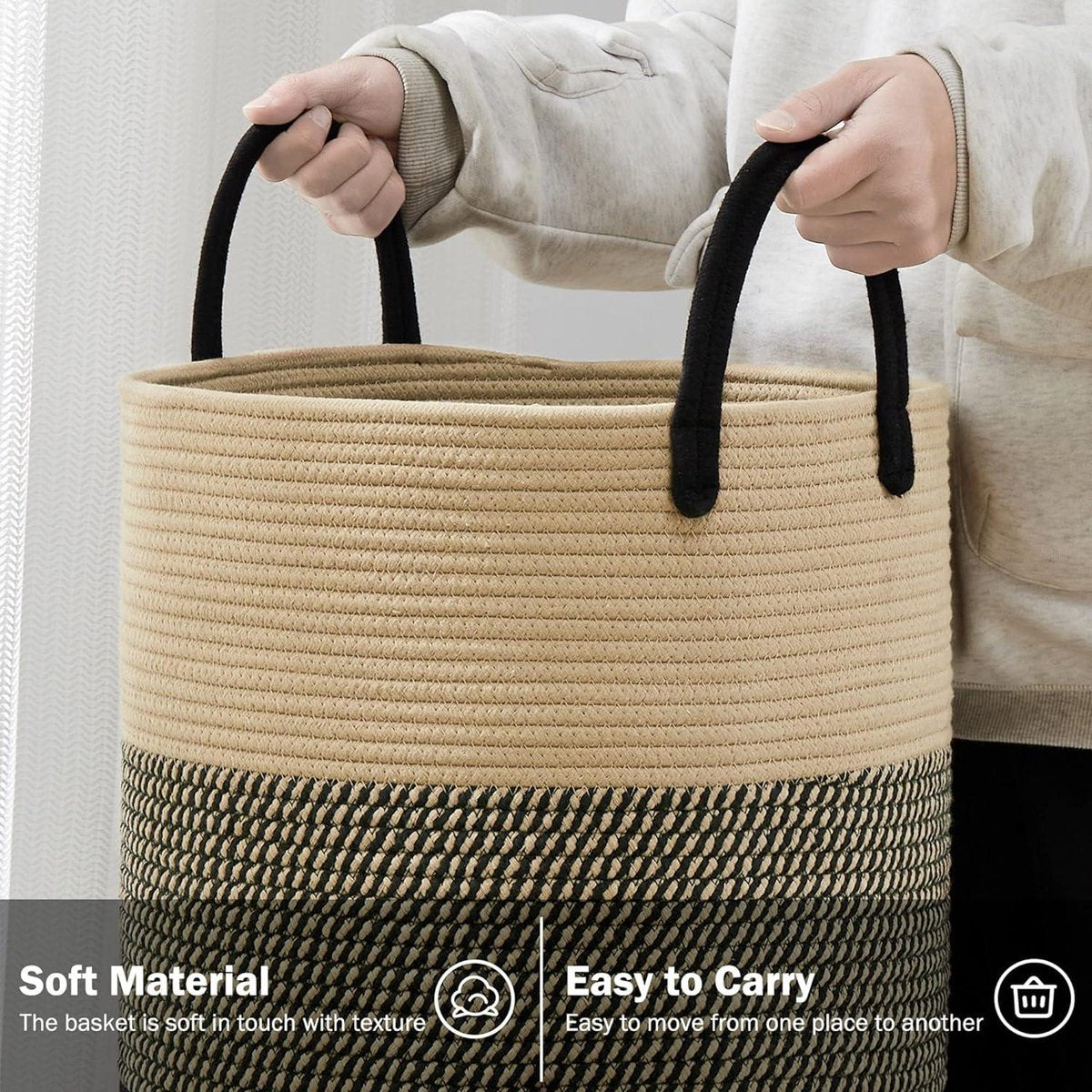Woven Cotton Laundry Basket - Laundry Collector and Toy Storage Basket with Handle - Handmade - Z-Brown 2 Laundry Basket