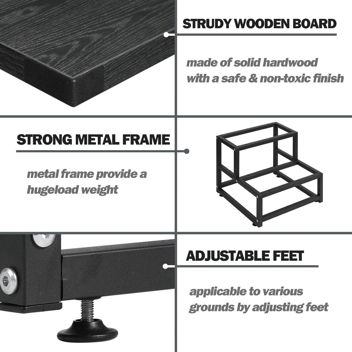2-Step Stool Heavy Duty Steel and Wooden Stool - Load Capacity up to 220 kg - for Adults and Children - Black - Bed Kitchen Bathroom
