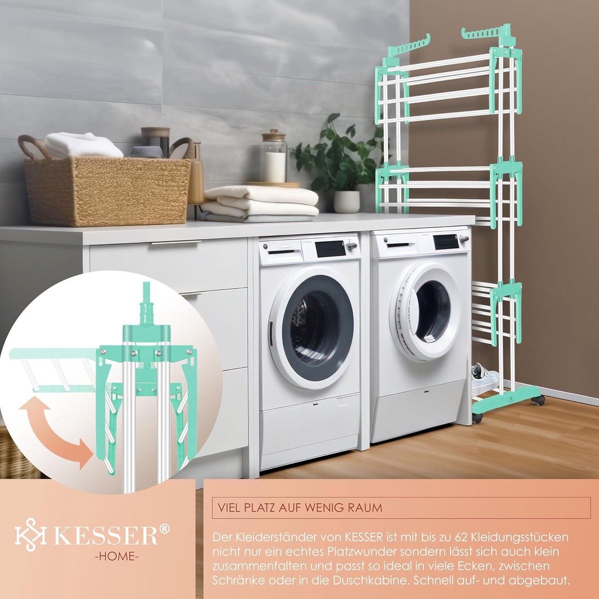 Clothes drying tower with wheels - Space-saving clothes dryer for indoor & outdoor use - 4 levels - 2 swivel side wings - 6 foldable levels - Standing dryer - Foldable clothes rack