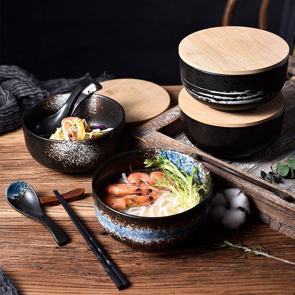 Japanese Ramen Kom Set - Keramische Salade Noodle Grote Soepkom Met Deksel En Lepel - Ontbijtgranen Soep Dessert En Rijst Kom - Magnetron Oven Vaatwasser - Blauw Ice Set