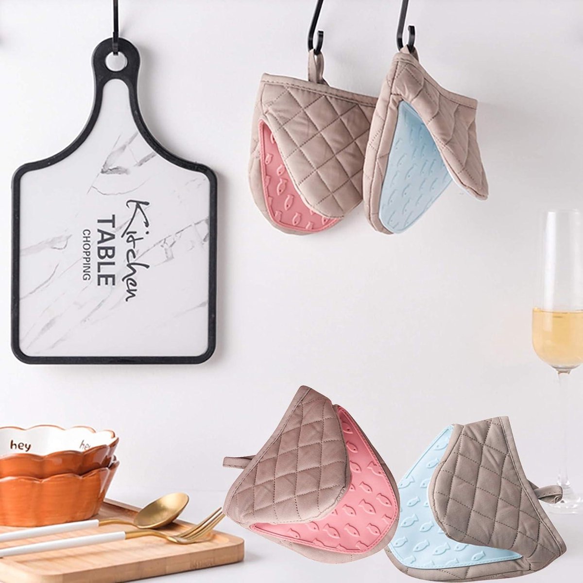 Mini-ovenwanten - Hittebestendige Antislip Siliconen Katoenen Wanten - 2 Stuks met Ophanglus - Magnetron- en Ovenbestendig - Ideaal voor Koken en Bakken