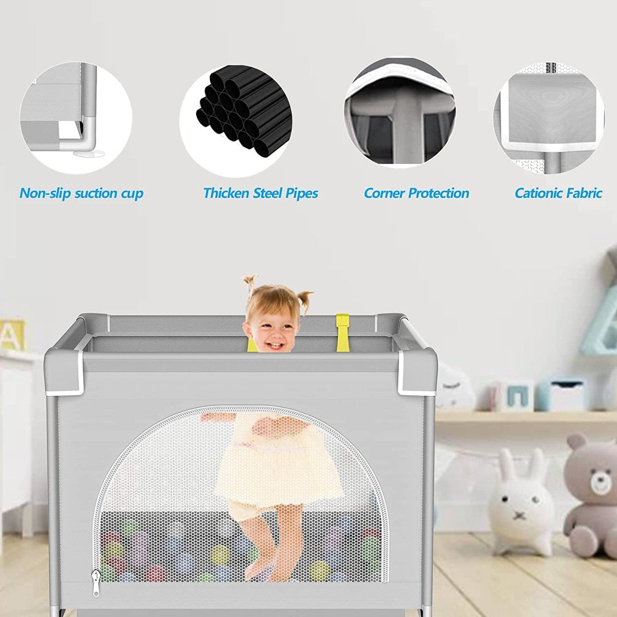 Box voor baby's 90 cm, Kleine box voor baby's met veiligheidsdeur, met ademend gaas, antislip box, babybox, opvouwbaar, stabiele veiligheidsspeeltuin voor binnen en buiten