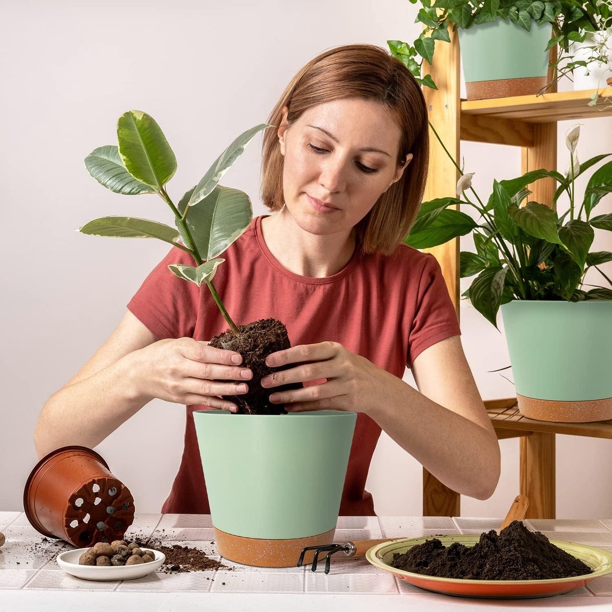 Selfwatering plantenpotten - Plastic bloempotten met afvoergaten en schotel - Binnen 20/17.5/16.5/15/14/12.5cm - Zelf water gevende plantenpotten voor kamerplanten Bloempot
