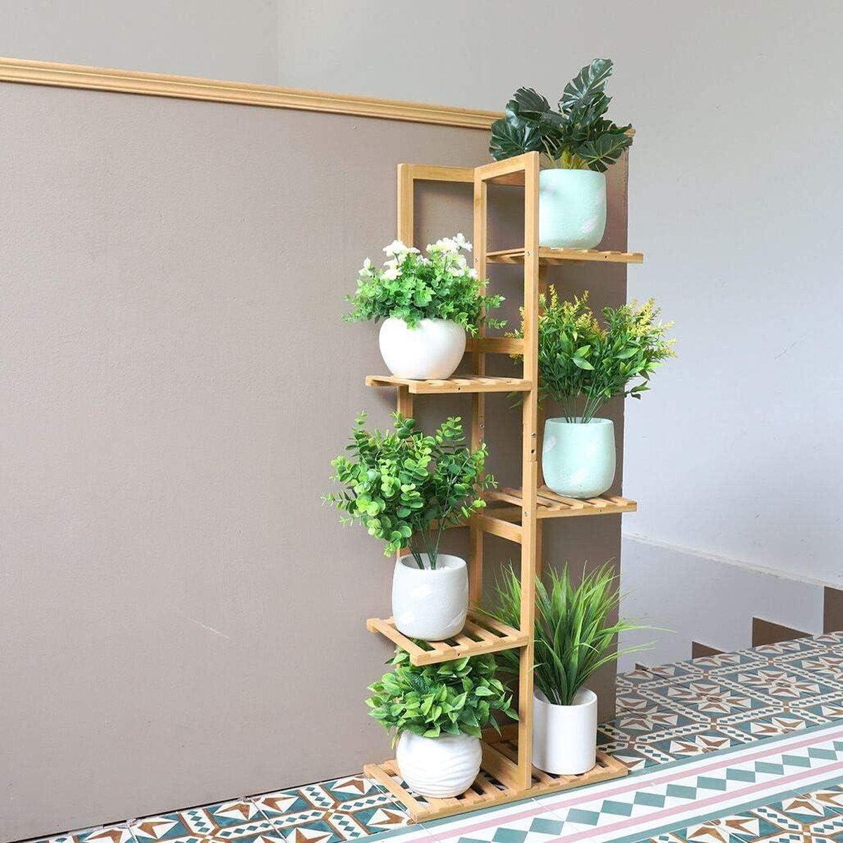 Bamboo Plant Ladder 6 Pot Plants Pot Holder Stand High 5 Tiers - Indoor Outdoor Storage Display Rack - Waterproof Flower Stand with Stand for Bonsai Patio Garden Plant Ladder