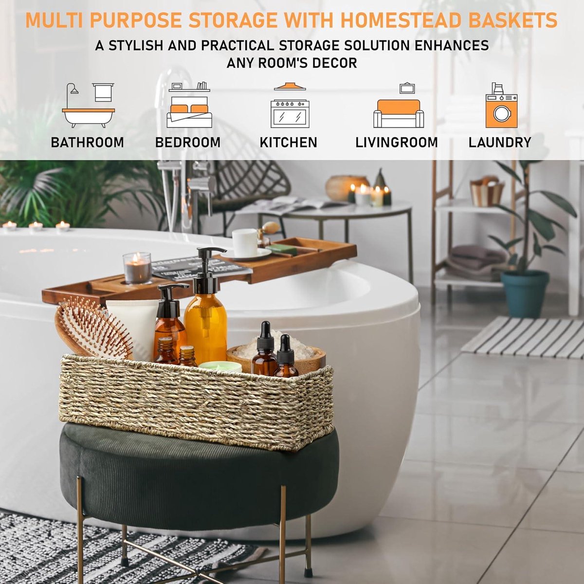 Seagrass Storage Baskets - Long Narrow Rectangular Woven Baskets for Bedroom Living Room Bathroom Shelves - Set of 2