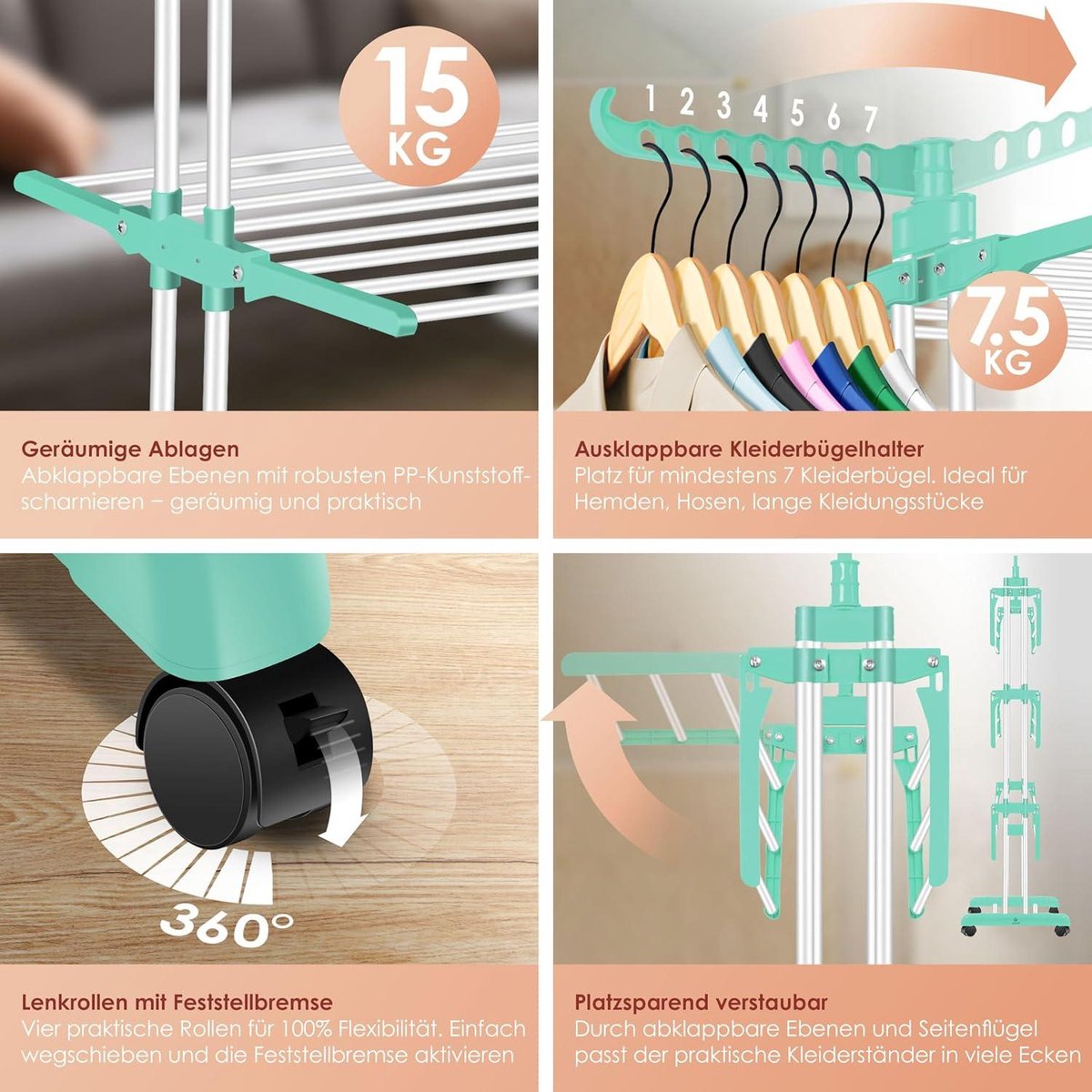 Clothes drying tower with wheels - Space-saving clothes dryer for indoor & outdoor use - 4 levels - 2 swivel side wings - 6 foldable levels - Standing dryer - Foldable clothes rack