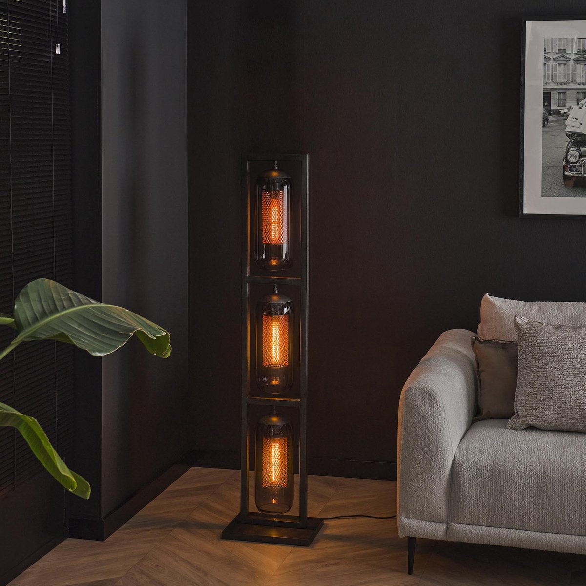 Design vloerlamp tower | 3-lichts | smoke glas-geperforeerd staal | Artic zwart | 32x23x158 cm | modern / industrieel | woonkamer / kantoor