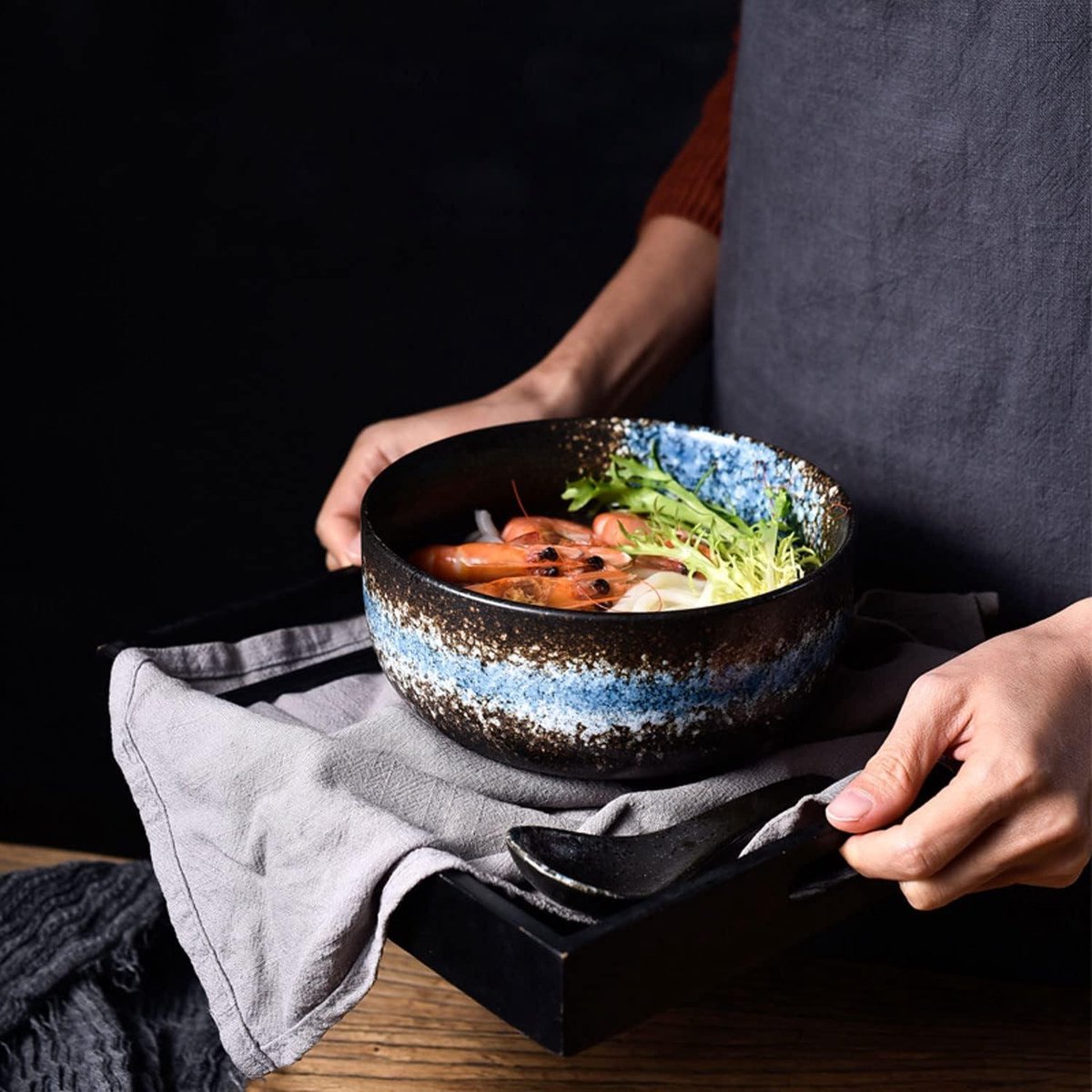 Japanese Ramen Kom Set - Keramische Salade Noodle Grote Soepkom Met Deksel En Lepel - Ontbijtgranen Soep Dessert En Rijst Kom - Magnetron Oven Vaatwasser - Blauw Ice Set