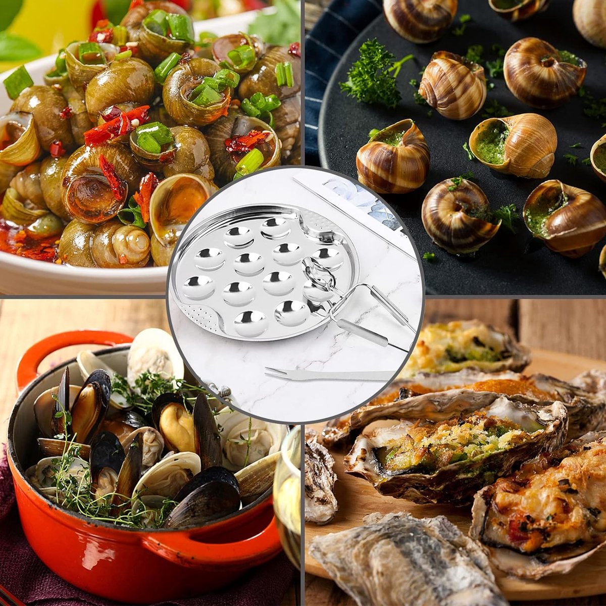 3-delige slakkenborden, zeevruchtengereedschapset, slakkenpan, dinerborden met tang, vork met 12 gaten, escargotborden, borden, roestvrij staal, slaktang voor thuis, restaurant, hotelgrill