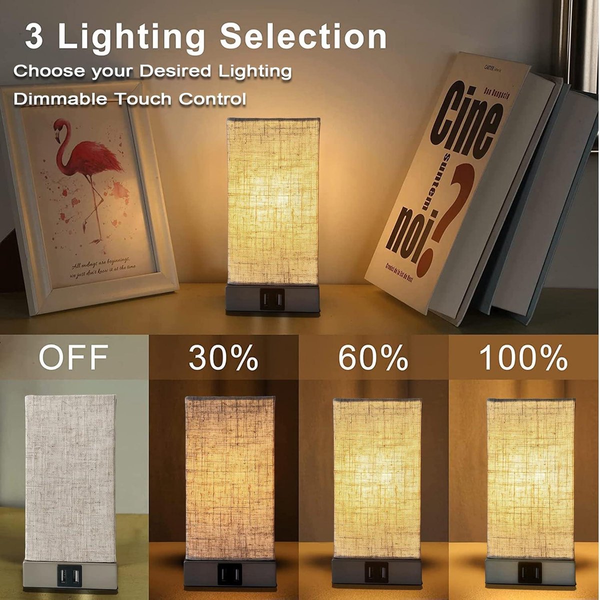 Moderne Bedlamp Touch Dimbare Vintage met USB-aansluitingen - Warm Witte Lamp - Slaapkamer Kinderkamer Beige