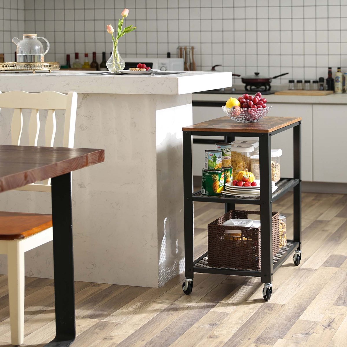 Serve trolley, kitchen trolley, kitchen cabinet, kitchen rack, trolley, kitchen shelf on 4 wheels, steel frame, 3 shelves, for kitchen and living room, guest serving trolley, industrial design, vintage brown-black
