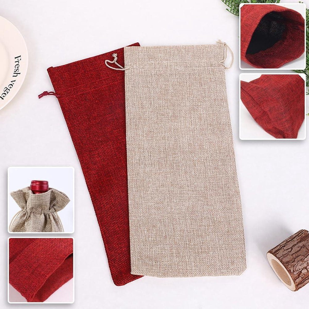 Jute geschenkzakje voor wijnfles - set van 12 - feesten blindproeverijen - cadeauhangers met trekkoord