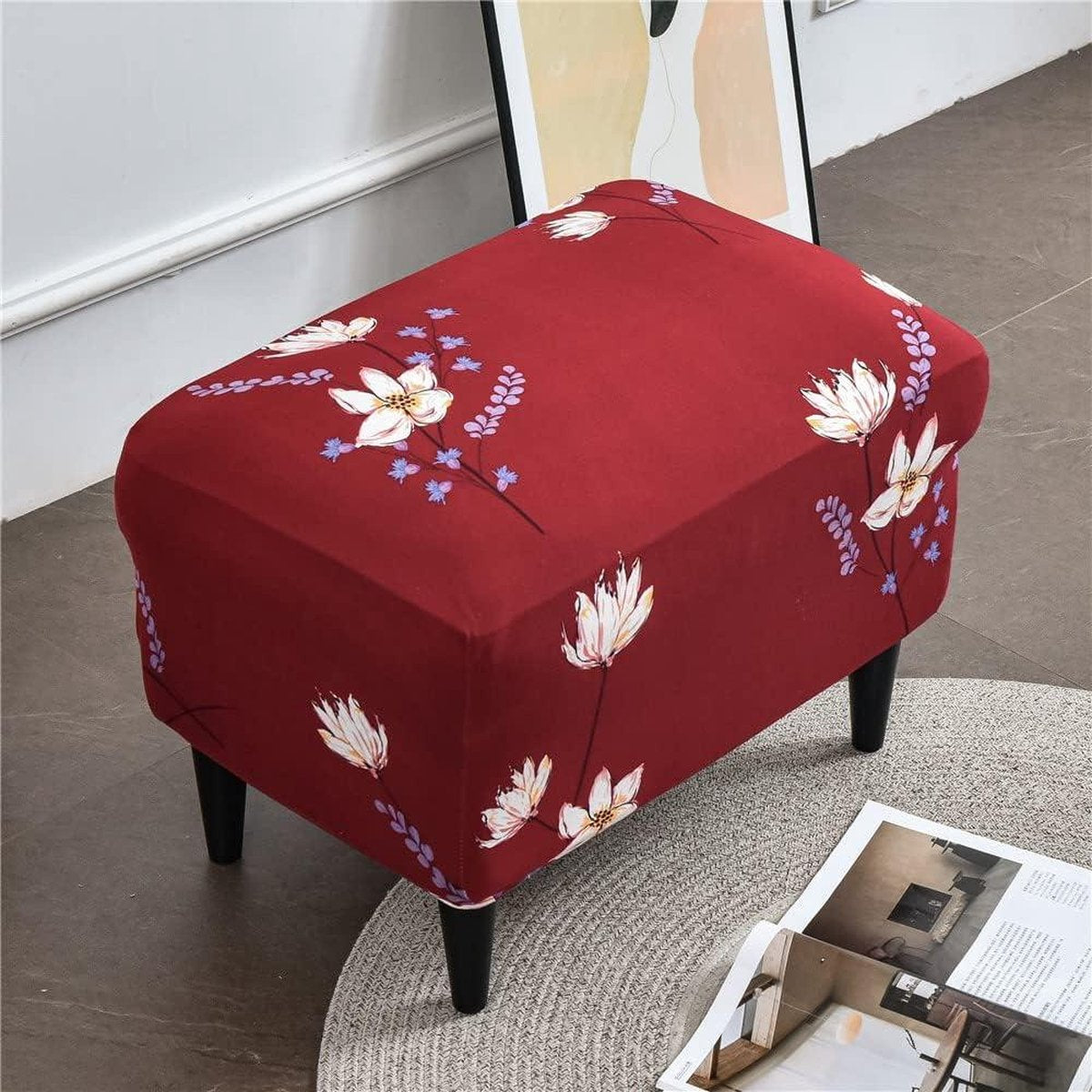 Wingback Chair Covers 2-piece with Ottoman Cover - Stretch Washable Slipcover - Spandex Furniture Protector for Armchair Chairs - Bedroom Hotel (Red Flower)