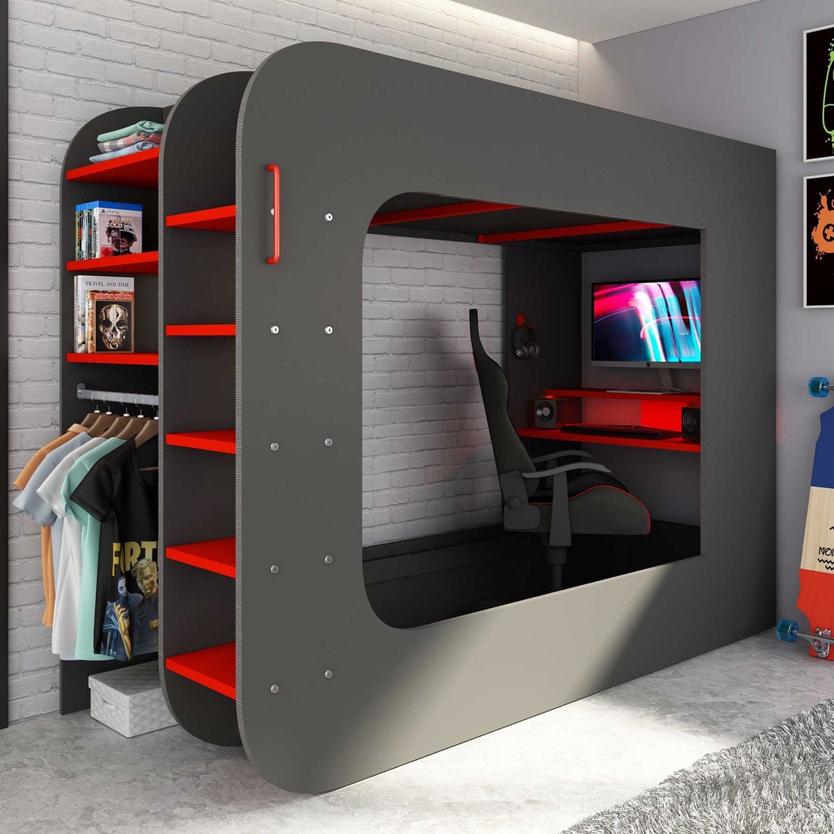 Hoogslaper 90 x 200 cm - Met gamingbureau en opbergruimte - LED's - Antraciet & rood - WARRIOR B 238.1 cm x H 183.6 cm x D 97.6 cm