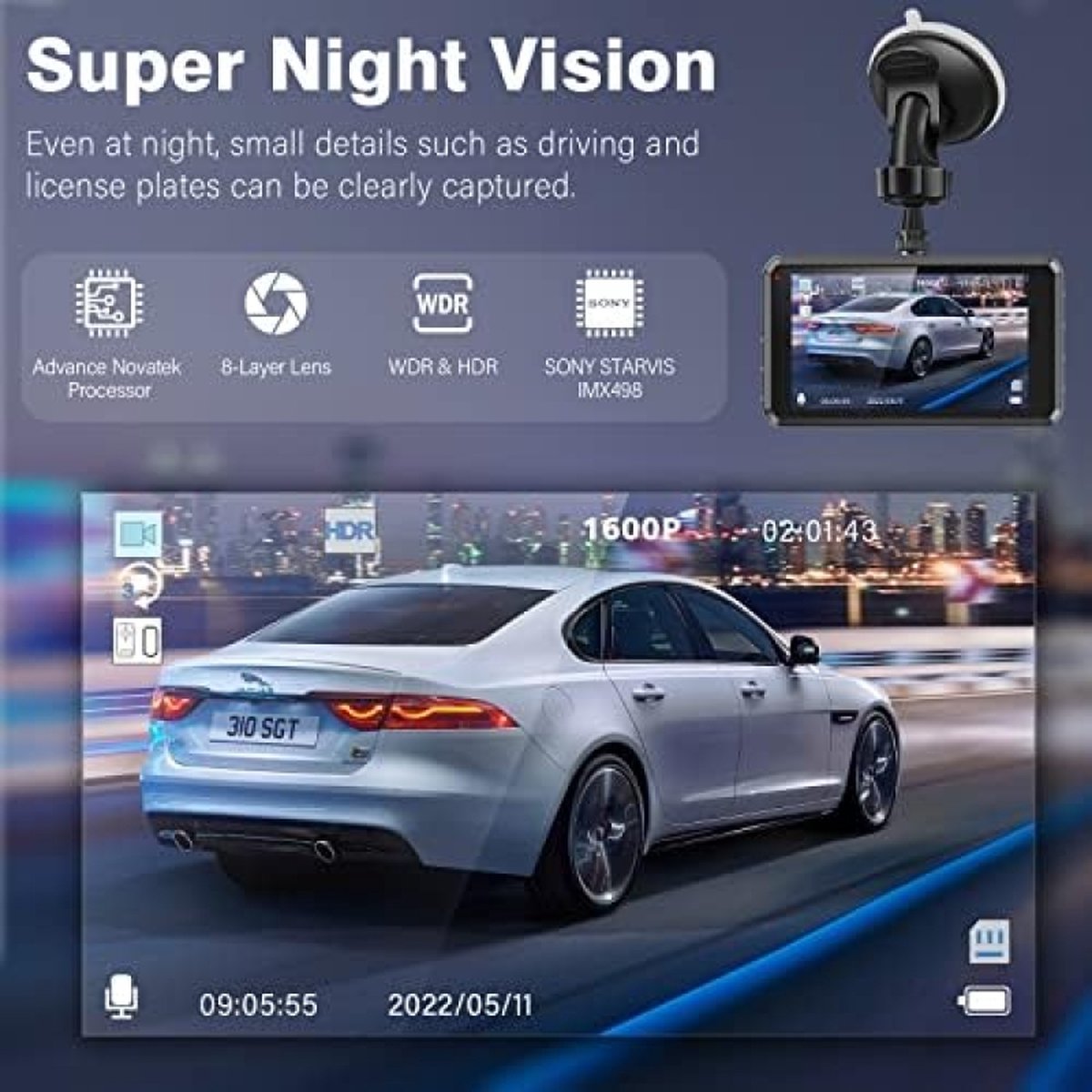 2.5K Dashcam voor in de auto, voor en achter, 64GB SD-kaart, 1600P + 1080p FHD Dual Dashcam, 3,2 inch IPS-scherm, autocamera, 176° + 160° groothoek, G-sensor, nachtzicht, WDR