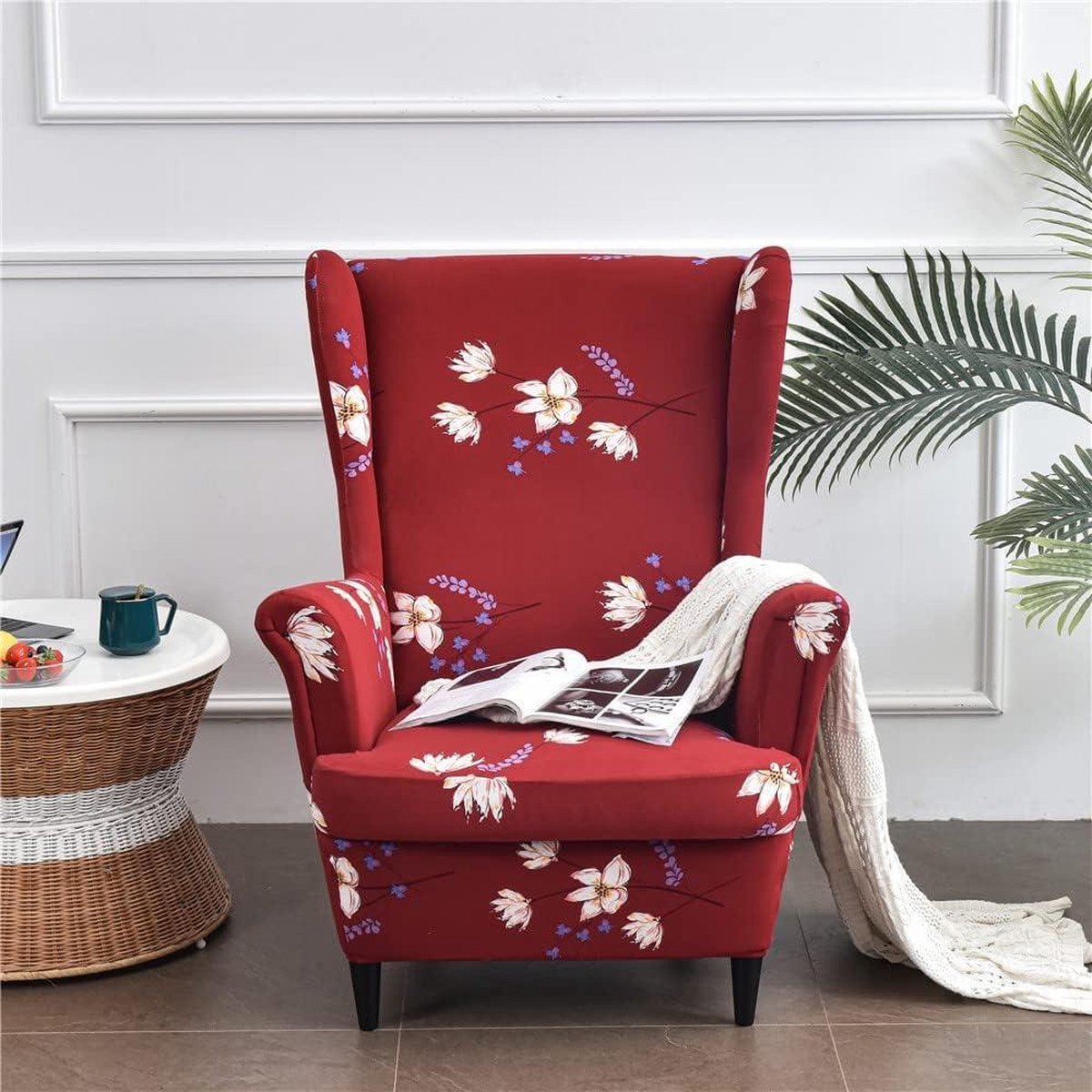 Wingback Chair Covers 2-piece with Ottoman Cover - Stretch Washable Slipcover - Spandex Furniture Protector for Armchair Chairs - Bedroom Hotel (Red Flower)