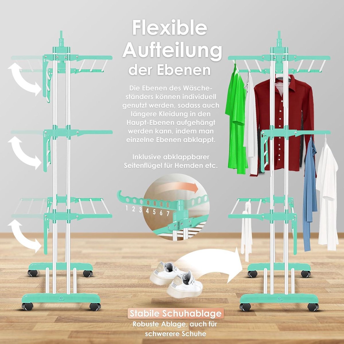 Clothes drying tower with wheels - Space-saving clothes dryer for indoor & outdoor use - 4 levels - 2 swivel side wings - 6 foldable levels - Standing dryer - Foldable clothes rack