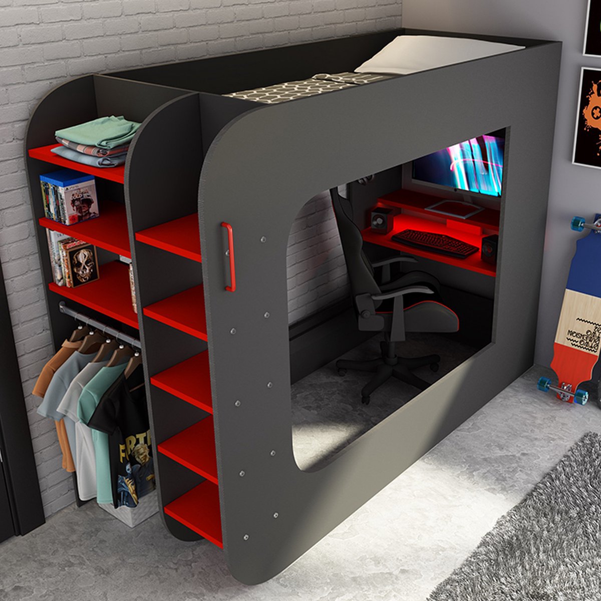 Hoogslaper 90 x 200 cm - Met gamingbureau en opbergruimte - LED's - Antraciet & rood - WARRIOR B 238.1 cm x H 183.6 cm x D 97.6 cm
