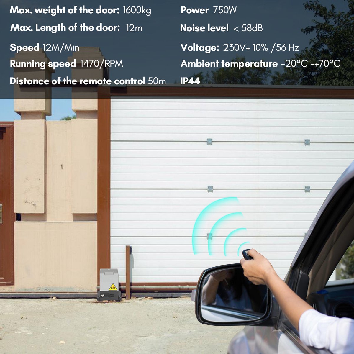 Schuifpoortopener 750W Poortautomatisering - Voor schuifpoorten tot 12 m en max. 1600kg 2 afstandsbedieningen 8 x tandheugels (elk 50 cm) 2x infraroodsensoren - Grijze aandrijving Met afstandsbediening + sleutel