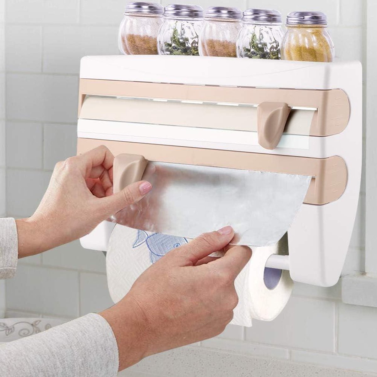 Foliehouder Wandrol met plank - Keukenrolhouder en foliesnijder - Papierrolhouder voor keukenrol - Aluminiumfolie Vershoudfolie Papieren handdoekhouder - Houder Keukengereedschap (kaki)