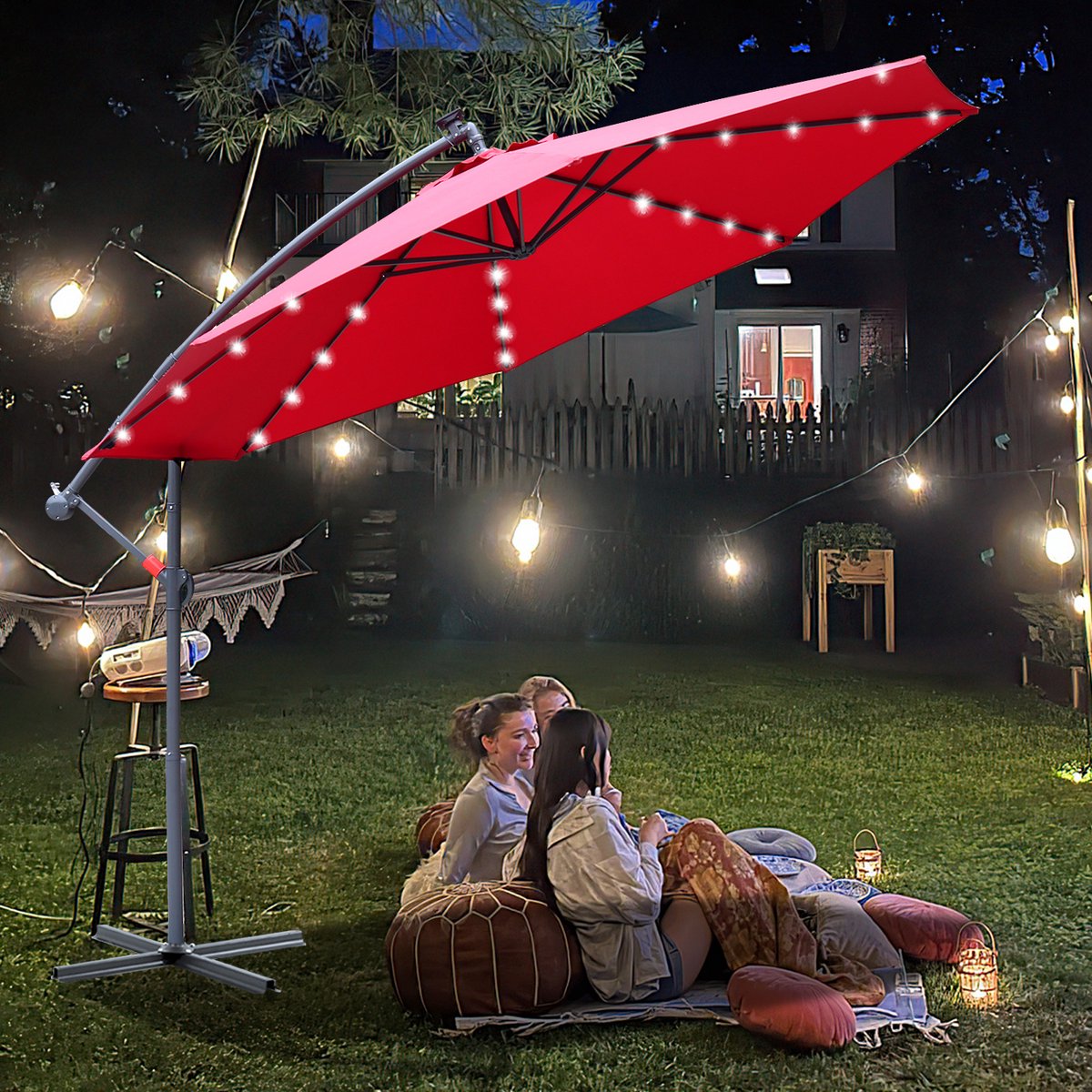 Zweefparasol - Strandparasols - Balkonparasols - Solar LED parasol Waterdicht - Parasol - Parasols - Ø 350cm - 3.5m - Tuinparasol - Zonne-energie - Rood - Draai- en Kantelbaar - 360° draaibaar - Duurzame Zweefparasol - Met voet