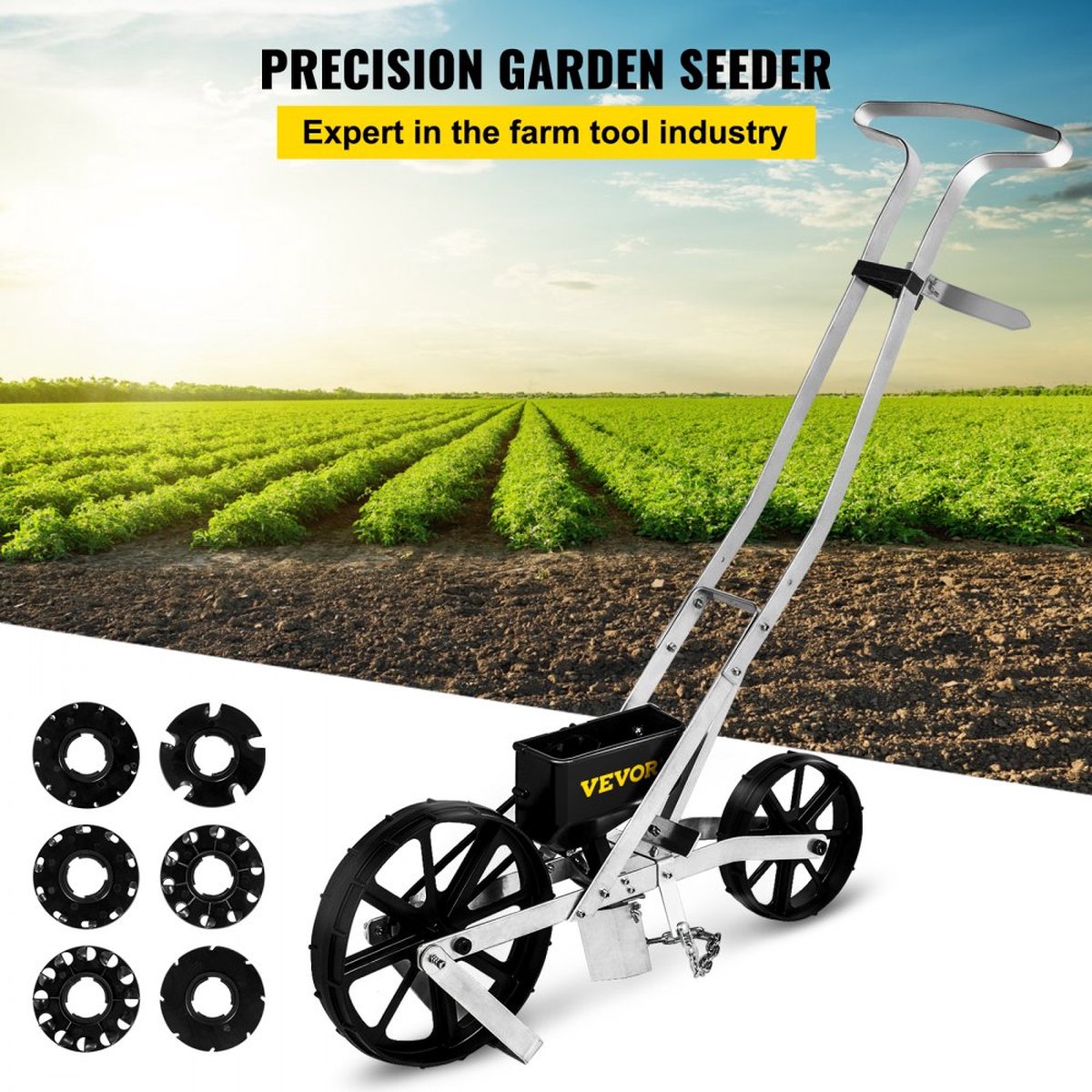 Garden Push Seeder 78-84cm High Garden Push Seeder Aluminum and ABS Row Crop Planter with Six Interchangeable Seed Plates and Row Marker for Sowing Various Crops and Vegetables