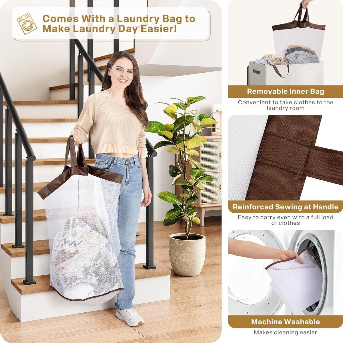 145L double laundry hamper with lid and removable laundry bags - white - large capacity, storage solution