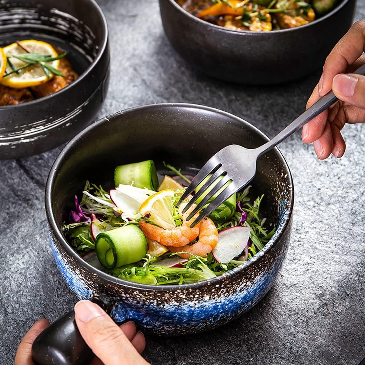 Japanese Ramen Kom Set - Keramische Salade Noodle Grote Soepkom Met Deksel En Lepel - Ontbijtgranen Soep Dessert En Rijst Kom - Magnetron Oven Vaatwasser - Blauw Ice Set