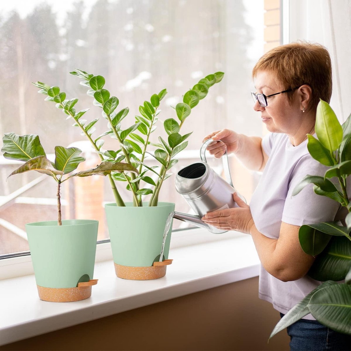 Selfwatering plantenpotten - Plastic bloempotten met afvoergaten en schotel - Binnen 20/17.5/16.5/15/14/12.5cm - Zelf water gevende plantenpotten voor kamerplanten Bloempot