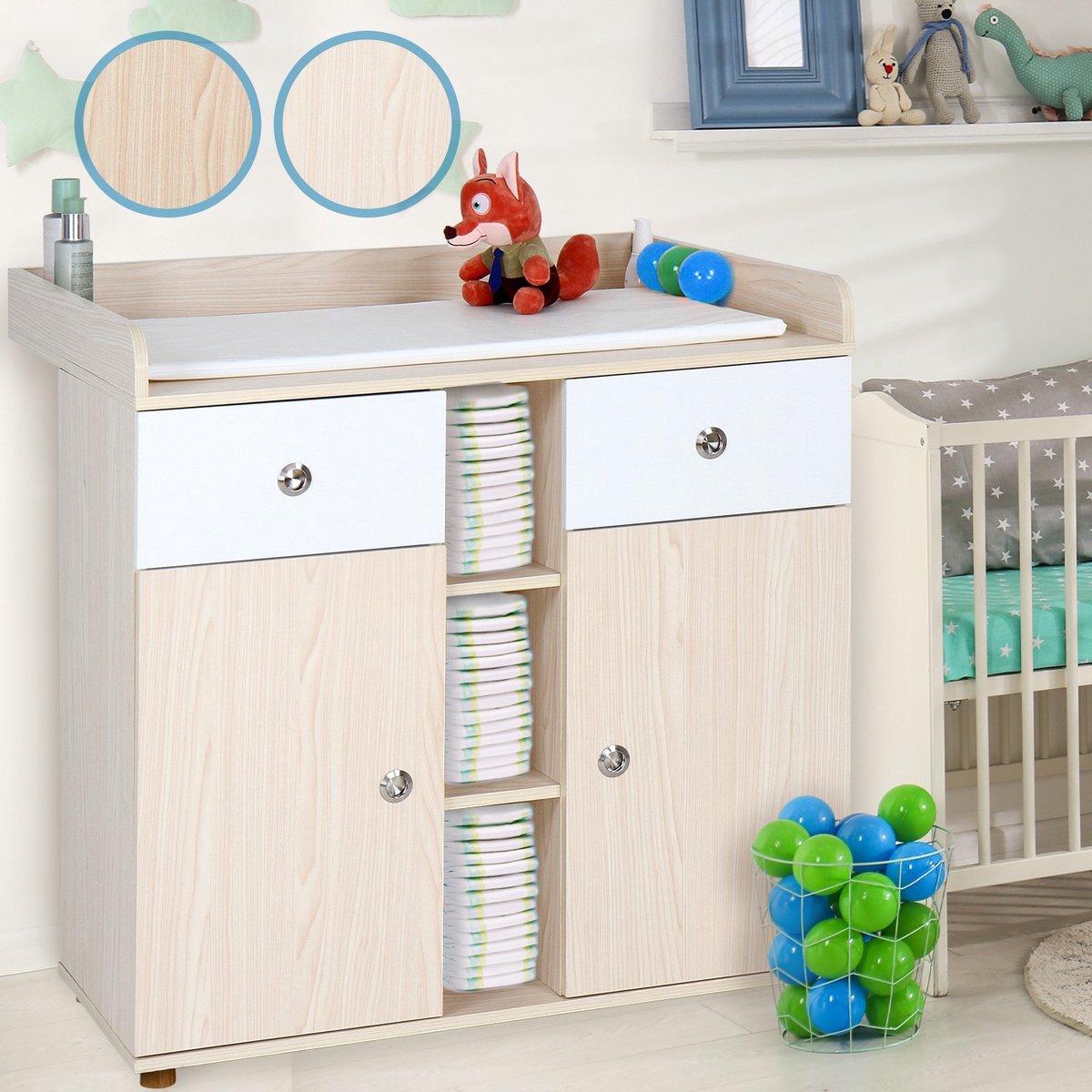 Infantastic - Babycommode met 2 grote lades en 5 vakken - Ladekast met Opbergruimte - Veelzijdig Omkleedmeubel met Organiser - 90x69x92 cm (LxBxH) - Eikenfineer