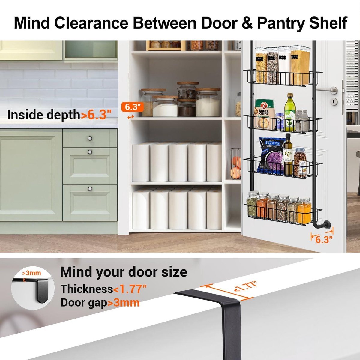 6-Tier Over-the-Door Pantry Organizer Rack - Strong Metal - Hanging Spice Rack - Wall Mount Storage - Kitchen Dining Bathroom Bedroom - Black Hanging Spice Rack