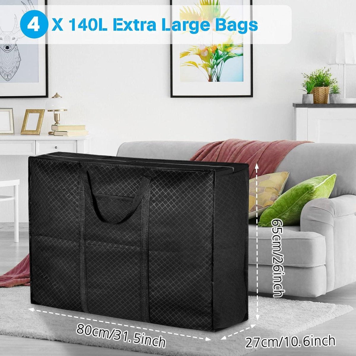 Extra grote opbergzakken voor verhuizen - 140L - opbergzak onder bed met ritssluiting voor kleding dekbed - reizen kamperen - opvouwbare verhuisdozen - groot sterk - zwarte lakens organizer
