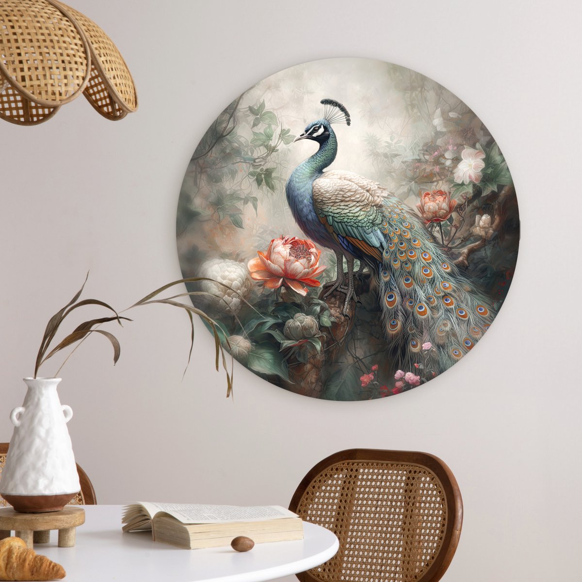WallCircle® Wandcirkel 60x60 cm - Muurcirkel Pauw - Pauwenveren - Vogel - Bos - Jungle - Bloemen - Muurdecoratie woonkamer - Wanddecoratie slaapkamer - Kamer decoratie accessoires - Ronde schilderijen - Woonaccessoires cirkel binnen