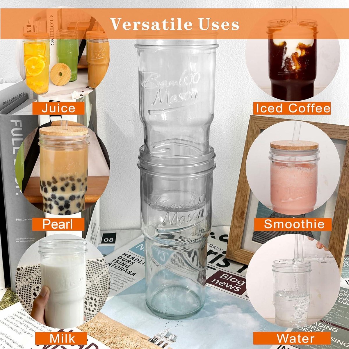 Glass Cups with Lids and Straws - Set of 4 - 680 ml - Travel Coffee Mug - Wide Mouth - Mason Jar - Iced Coffee Cup - Smoothie Cup - Glass Tumbler - Tea Cup - Clear - Cute Water Cups - Drinking Jars - Glasses