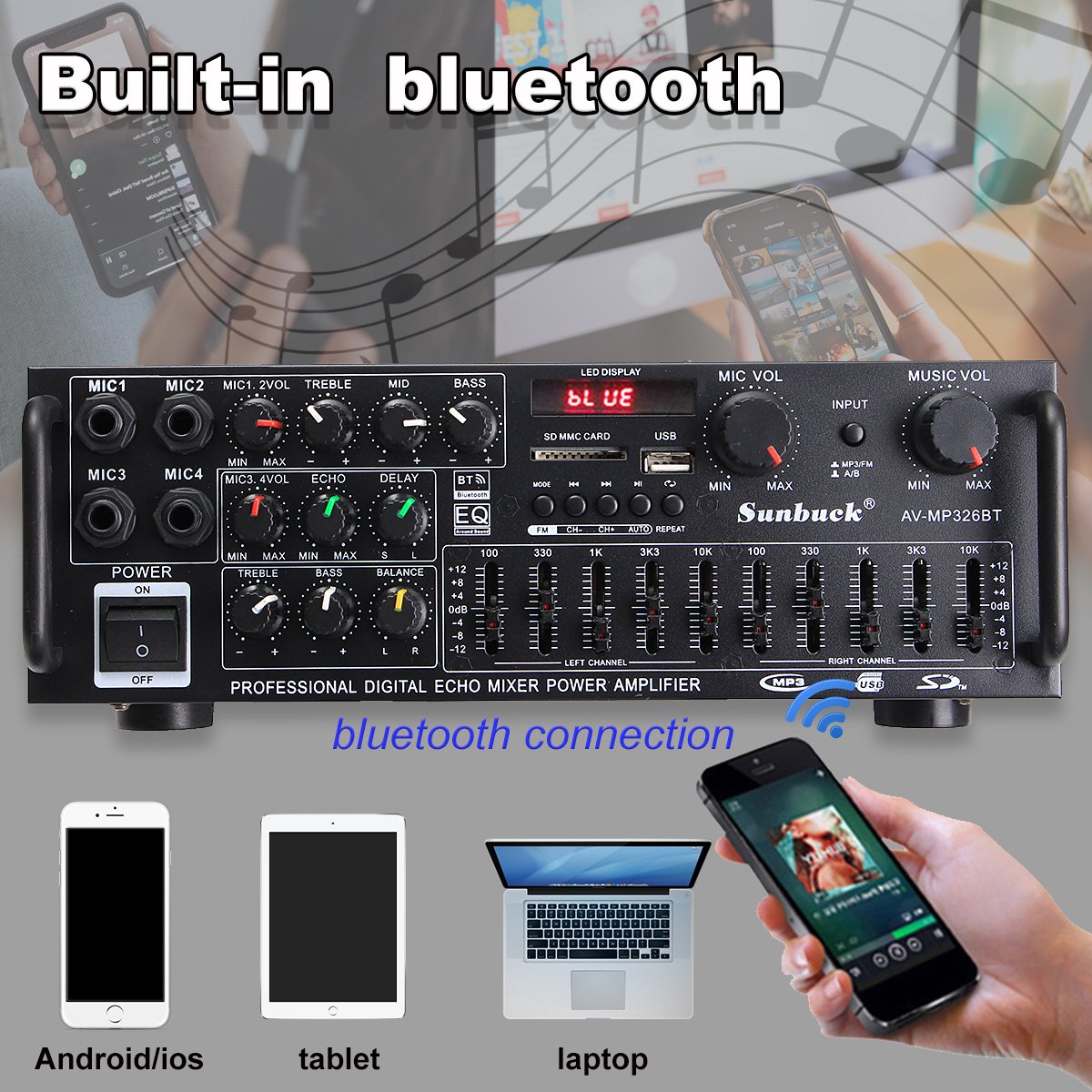 220V-240V Bluetooth Stereo Car Audio Versterkers-800W Auto Luidsprekers-met Afstandsbediening-Zwart