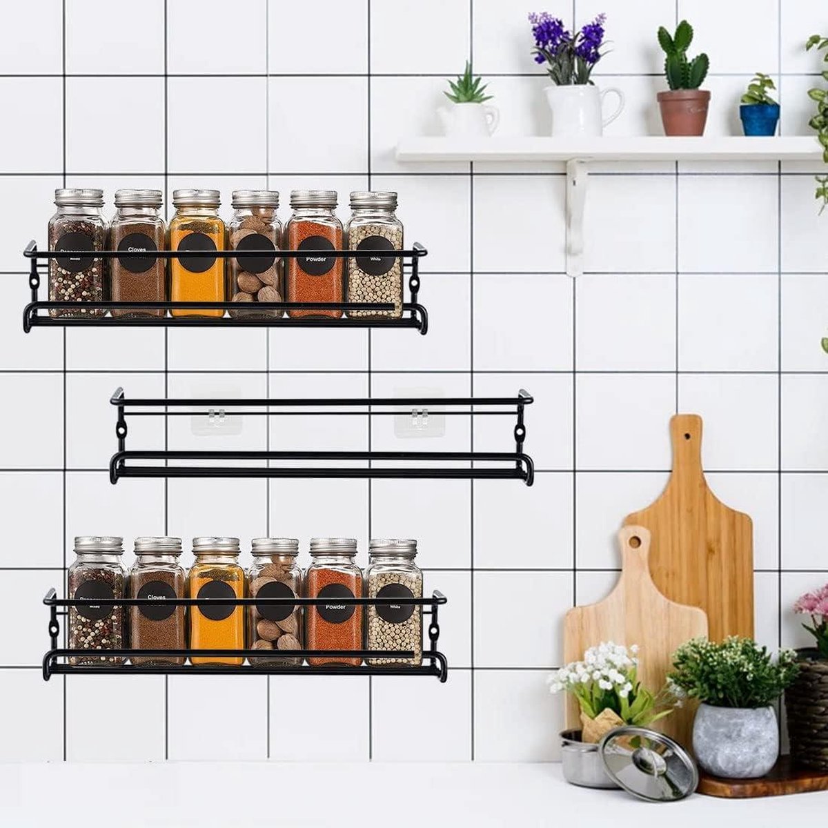 Metal black spice rack - hanging without drilling - wall kitchen rack for kitchen spices - 29 x 65 cm hangable spice rack
