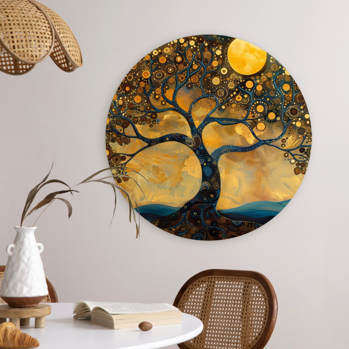 WallCircle® Wandcirkel 60x60 cm - Muurcirkel Boom - Industrieel - Abstract - Geel - Planten - Maan - Natuur - Muurdecoratie cirkel woonkamer - Wanddecoratie slaapkamer - Kamer decoratie accessoires - Ronde schilderijen binnen
